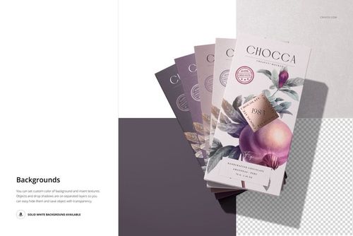 Stack of chocolate bar packaging mockups in various muted purple and beige tones, shown from a top angle on a split background.