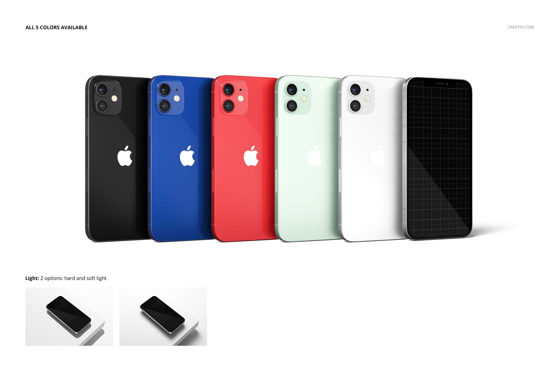 Front view of six iPhone 12 devices in black, blue, red, green, white, and a blank screen mockup on a white background.