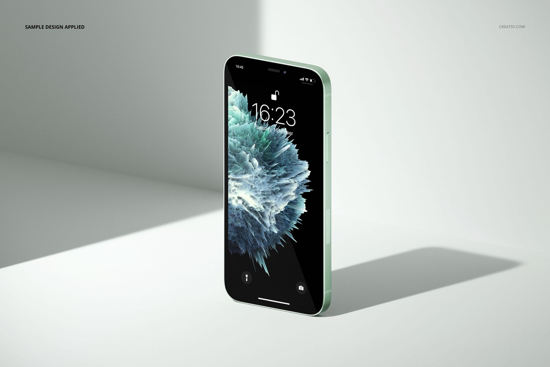 iPhone 12 mockup with a green frame shown from a front side angle, featuring a vibrant abstract screen design.