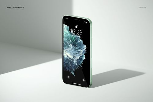 iPhone 12 mockup with a green frame shown from a front side angle, featuring a vibrant abstract screen design.