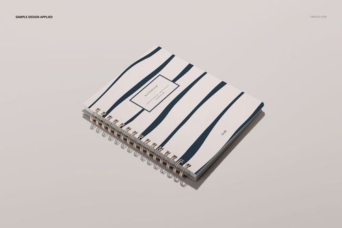 Spiral-bound notebook mockup with a white and dark blue striped cover, displayed on a neutral background in perspective view.
