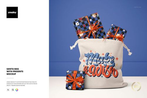 Santa bag mockup featuring a cream sack with decorative text, holding blue and orange wrapped presents on a blue background.