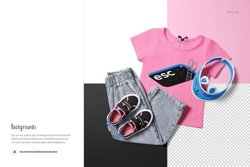 Kids T-shirt and jeans set mockup featuring a pink short-sleeve shirt, light blue jeans, sneakers, and a visor on a white background.