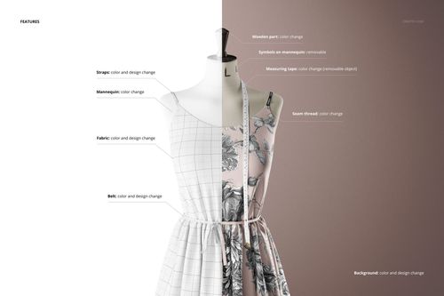Front view of a sleeveless fabric dress on a mannequin, split between grid pattern and floral design, with editable mockup features labeled.