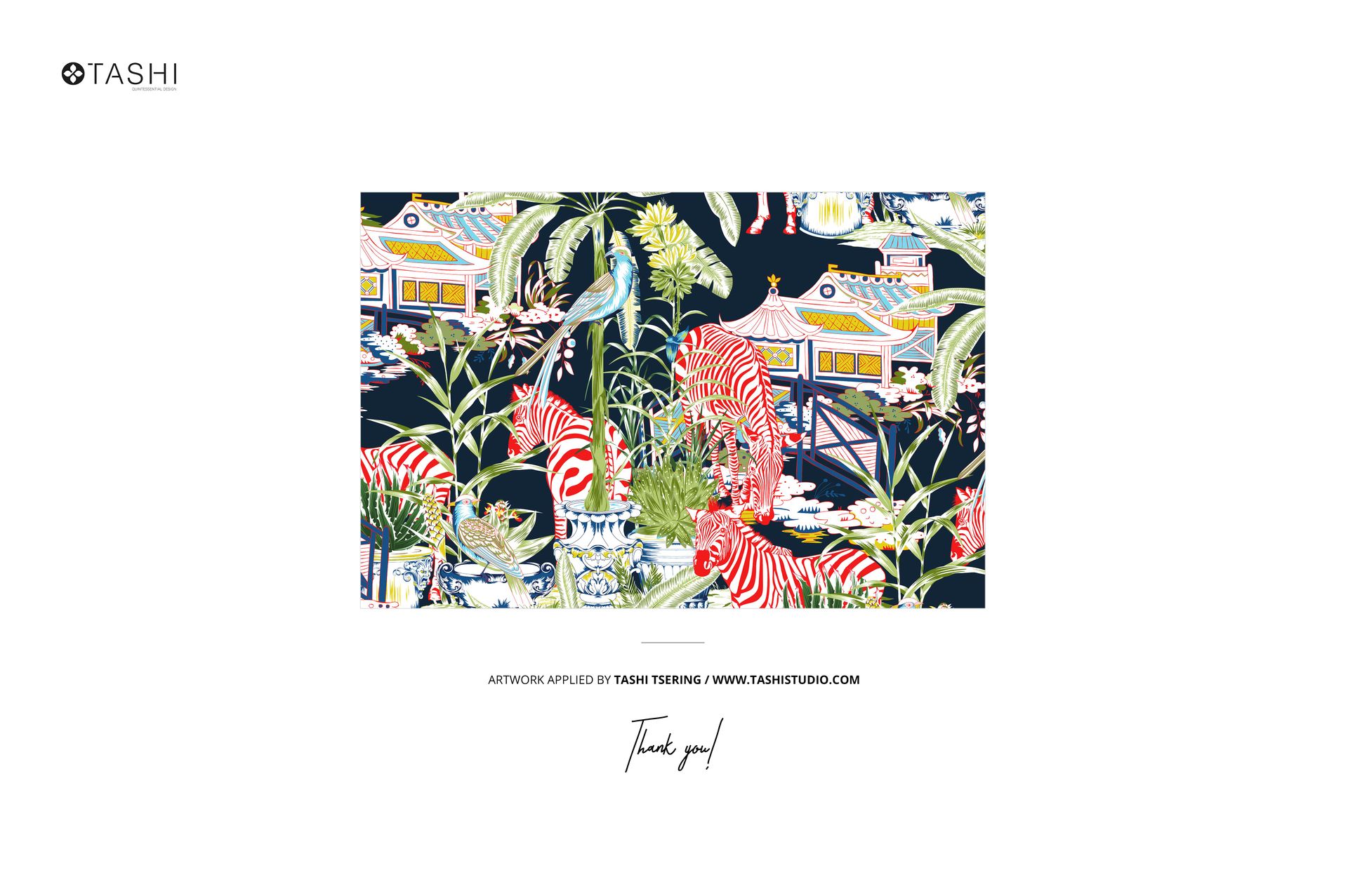 Rectangular chiffon silk scarf mockup featuring a vibrant botanical and architectural pattern with tigers and plants.