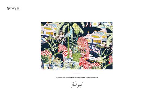 Rectangular chiffon silk scarf mockup featuring a vibrant botanical and architectural pattern with tigers and plants.