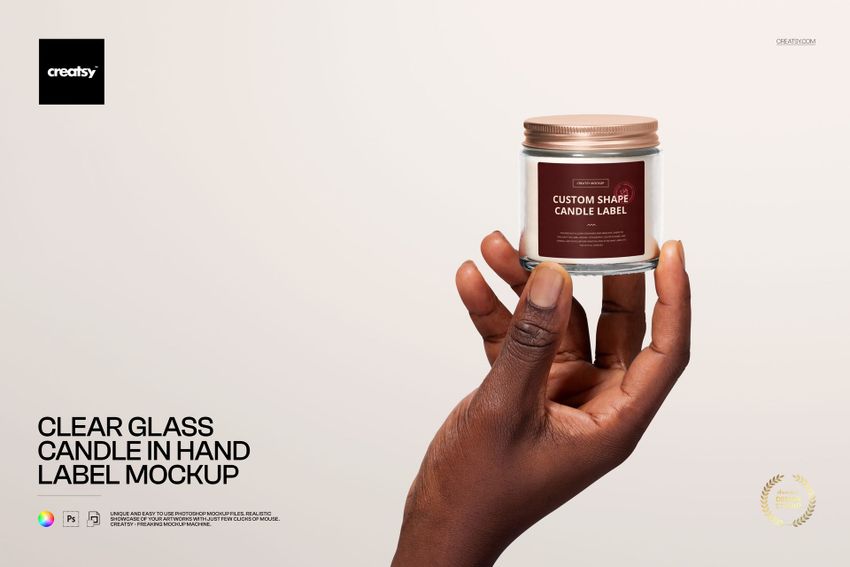 Free Clear Glass Candle Jar in Hand Label Branding PSD Mockup - mockup screenshot 1