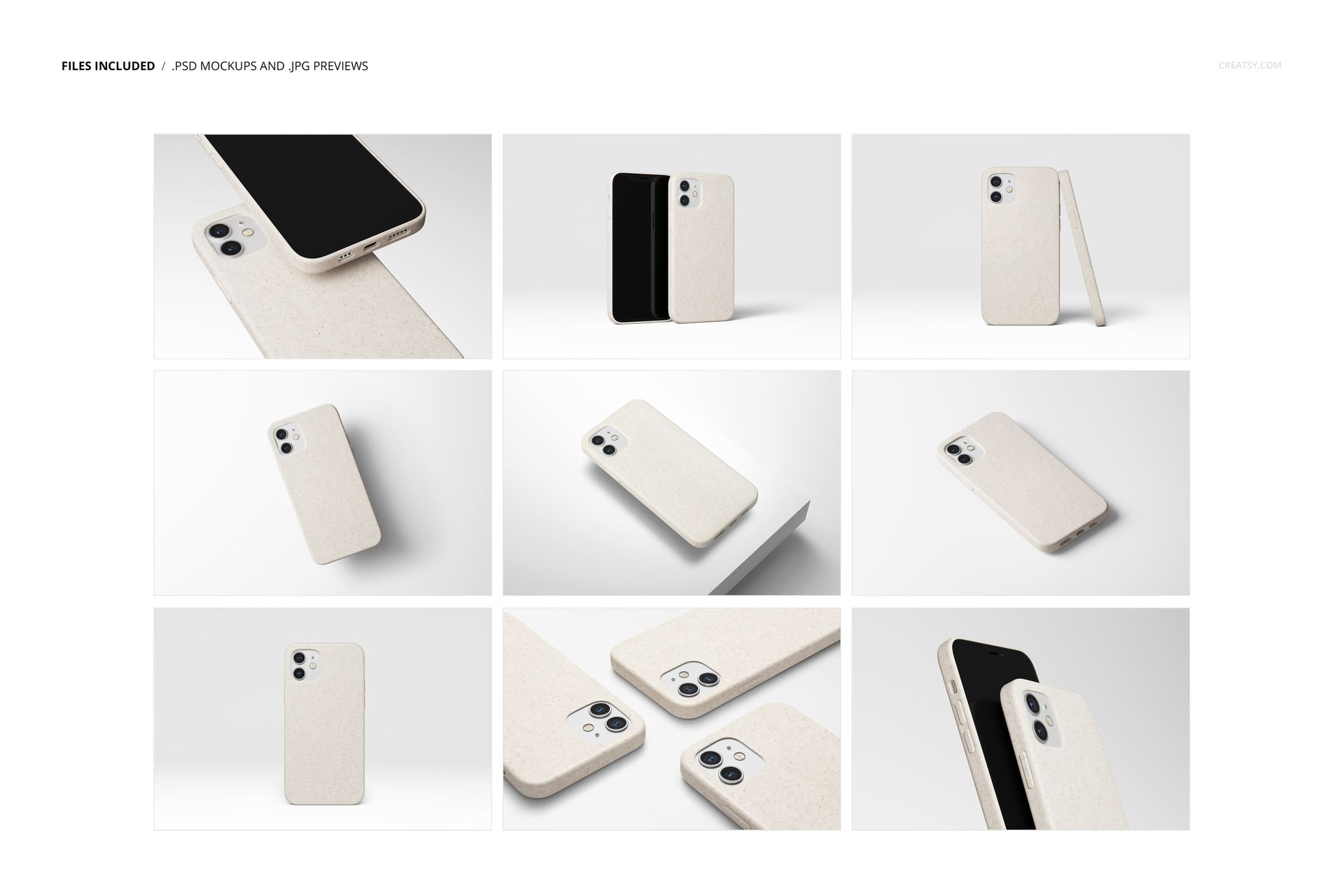 iPhone 12 eco-friendly case mockup shown in multiple angles, featuring a light beige color and minimal design.