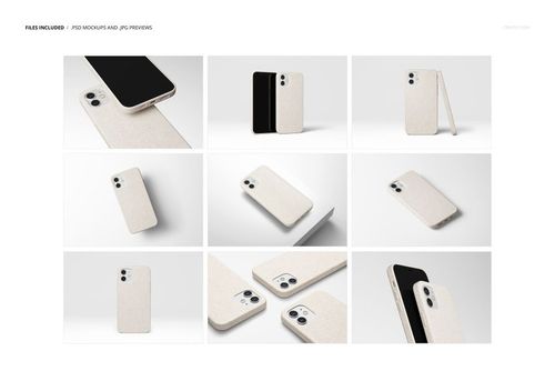 iPhone 12 eco-friendly case mockup shown in multiple angles, featuring a light beige color and minimal design.