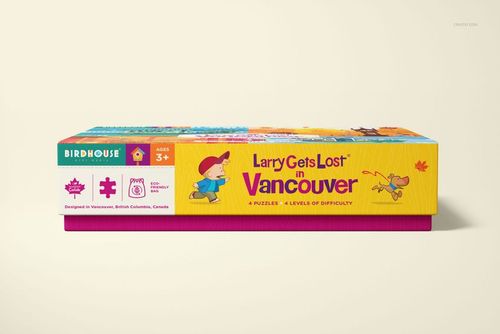 Front view of a puzzle box mockup featuring bright yellow and pink colors with cartoon characters and puzzle icons.