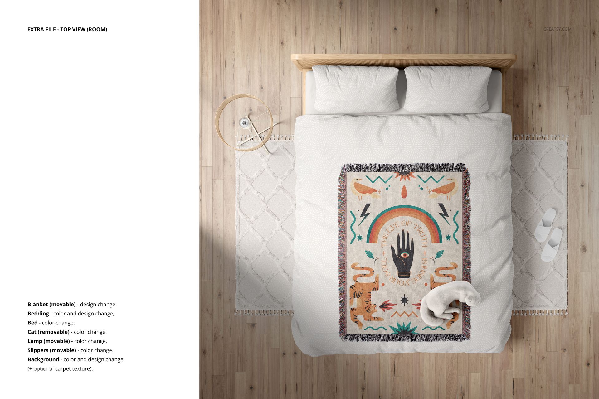 Jacquard woven blanket with colorful boho design laid on a bed with neutral bedding, shown from above in a mockup.