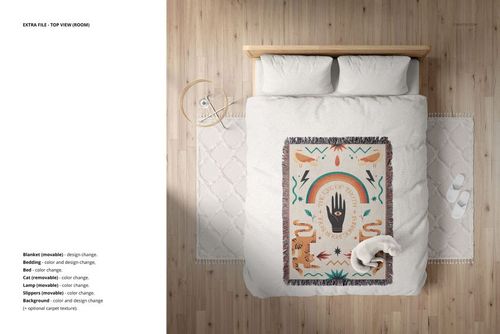 Jacquard woven blanket with colorful boho design laid on a bed with neutral bedding, shown from above in a mockup.