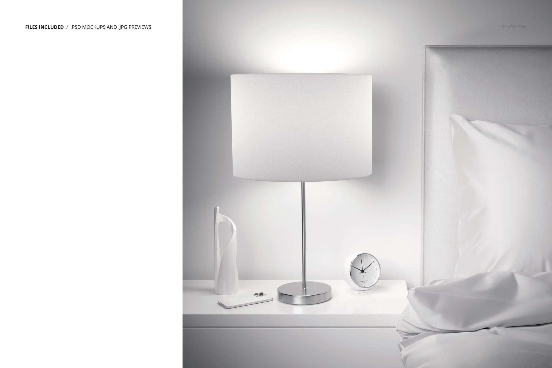 Bedroom PSD mockup showing a bedside lamp, clock, and vase on a white table next to a bed with white linens.
