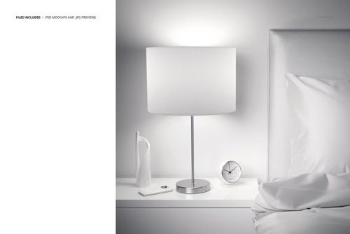 Bedroom PSD mockup showing a bedside lamp, clock, and vase on a white table next to a bed with white linens.