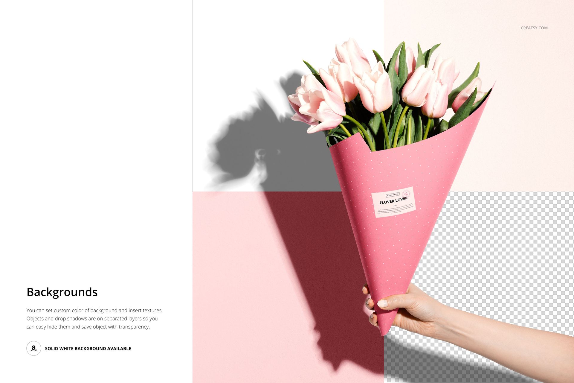 PSD mockup of a flower bouquet in a pink cone packaging, held by a hand against a multi-color background.