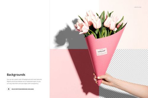 PSD mockup of a flower bouquet in a pink cone packaging, held by a hand against a multi-color background.