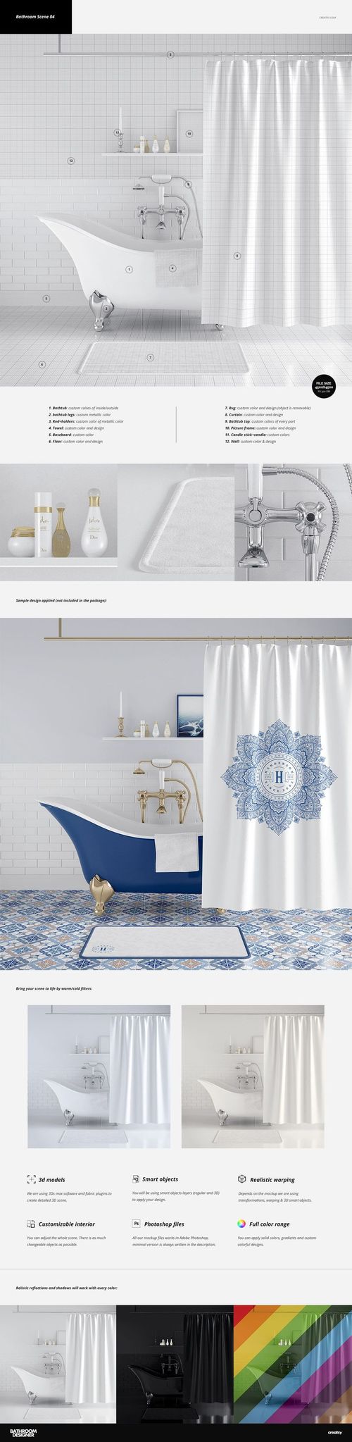 Bathroom mockup with a white bathtub, shower curtain, and various toiletries on shelves, front view in bright setting.