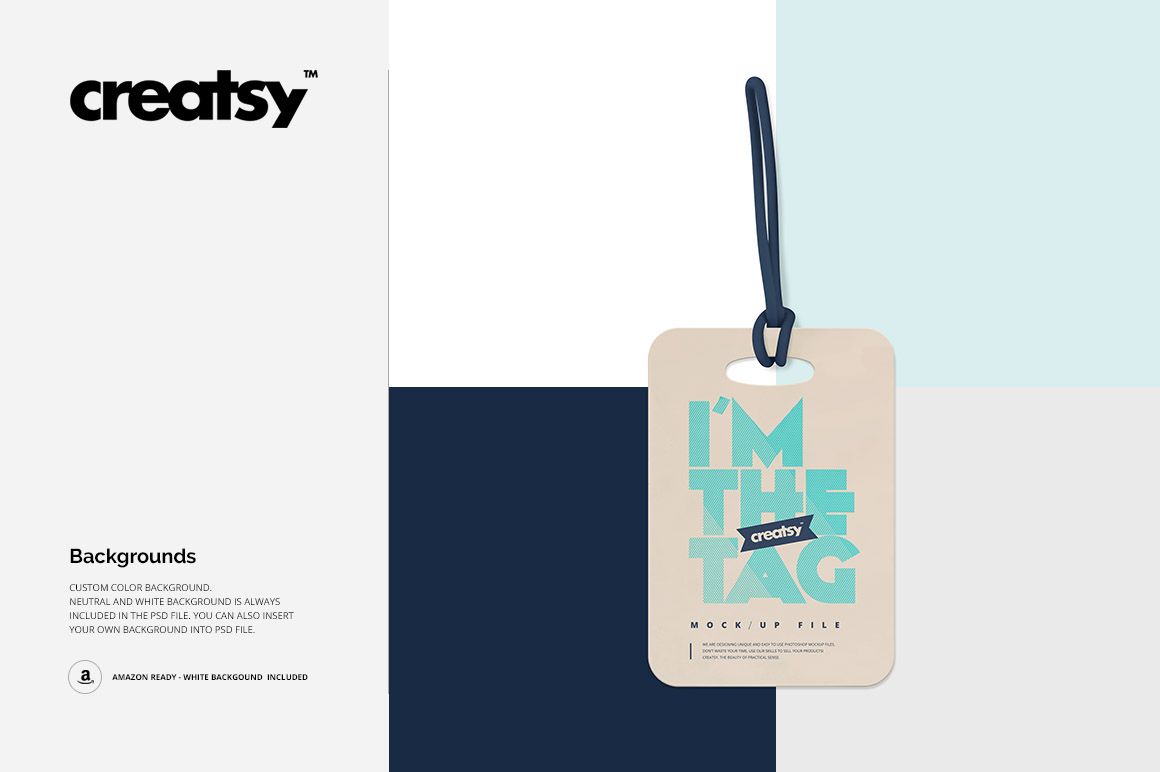 Luggage tag mockup with rounded corners and dark strap, displayed on a split background of white and blue tones.