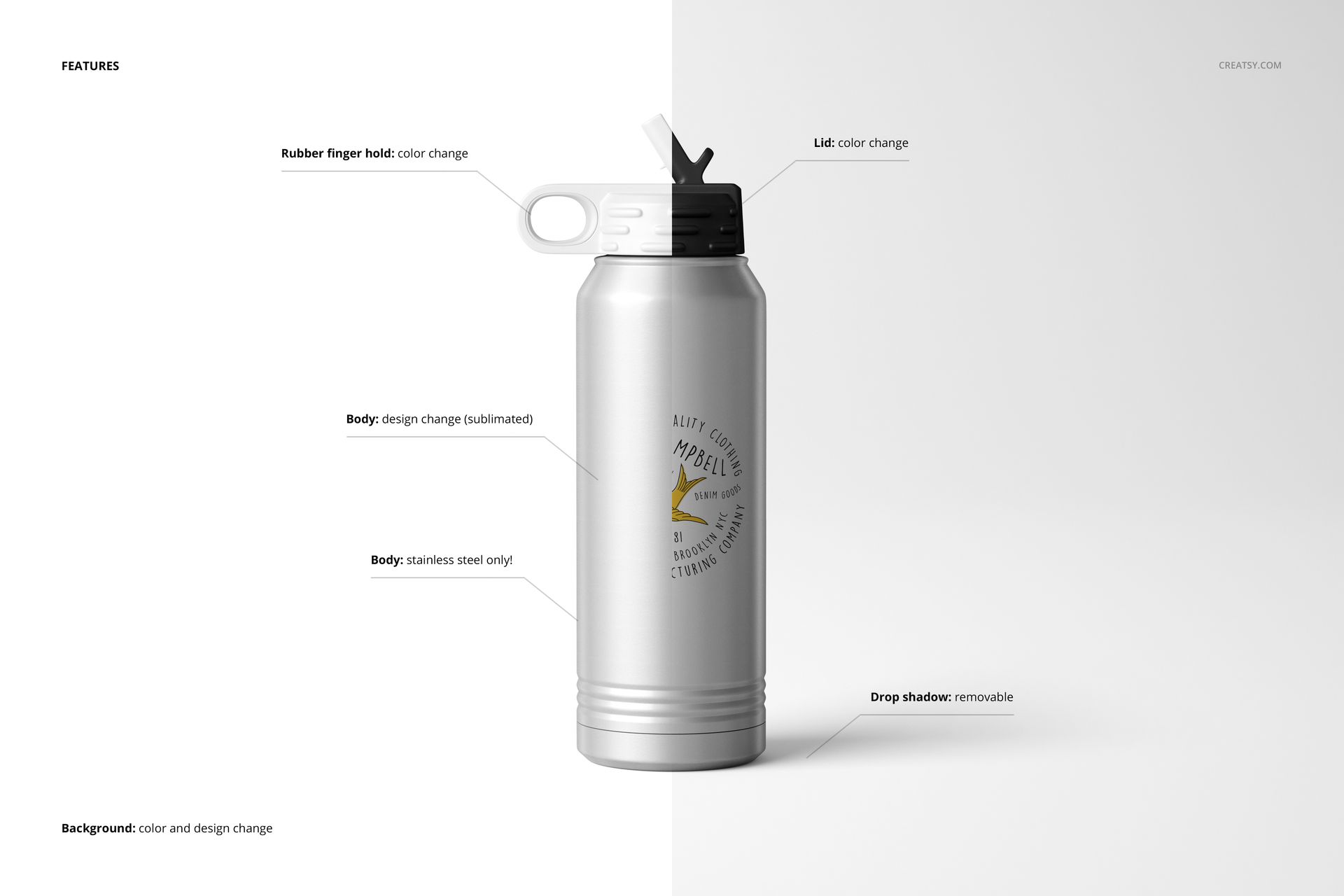 Front view of a 30 oz stainless steel water bottle mockup with customizable lid and finger hold on a white backdrop.