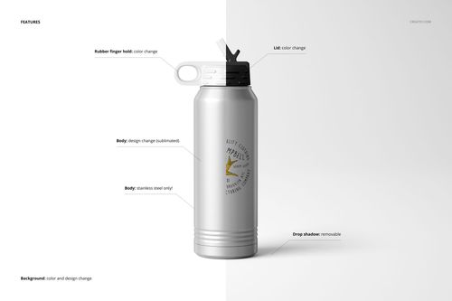 Front view of a 30 oz stainless steel water bottle mockup with customizable lid and finger hold on a white backdrop.