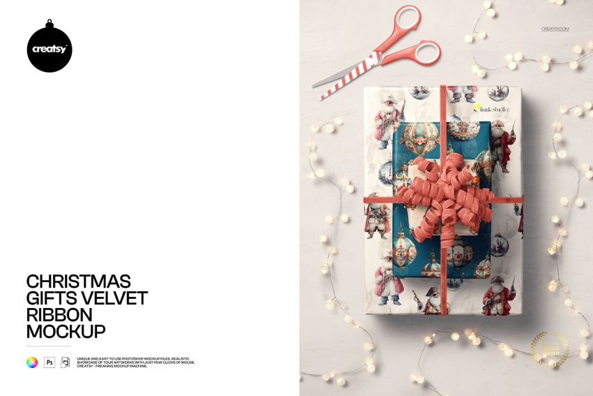 Christmas gift box mockup featuring a decorative velvet ribbon and holiday-themed wrapping paper, viewed from above.