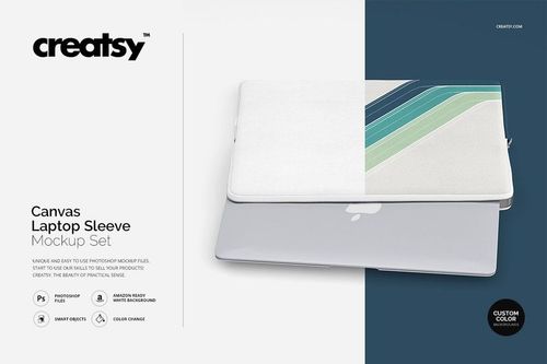 Front view of a canvas laptop sleeve mockup with a minimalist geometric design in green and blue on a white background.