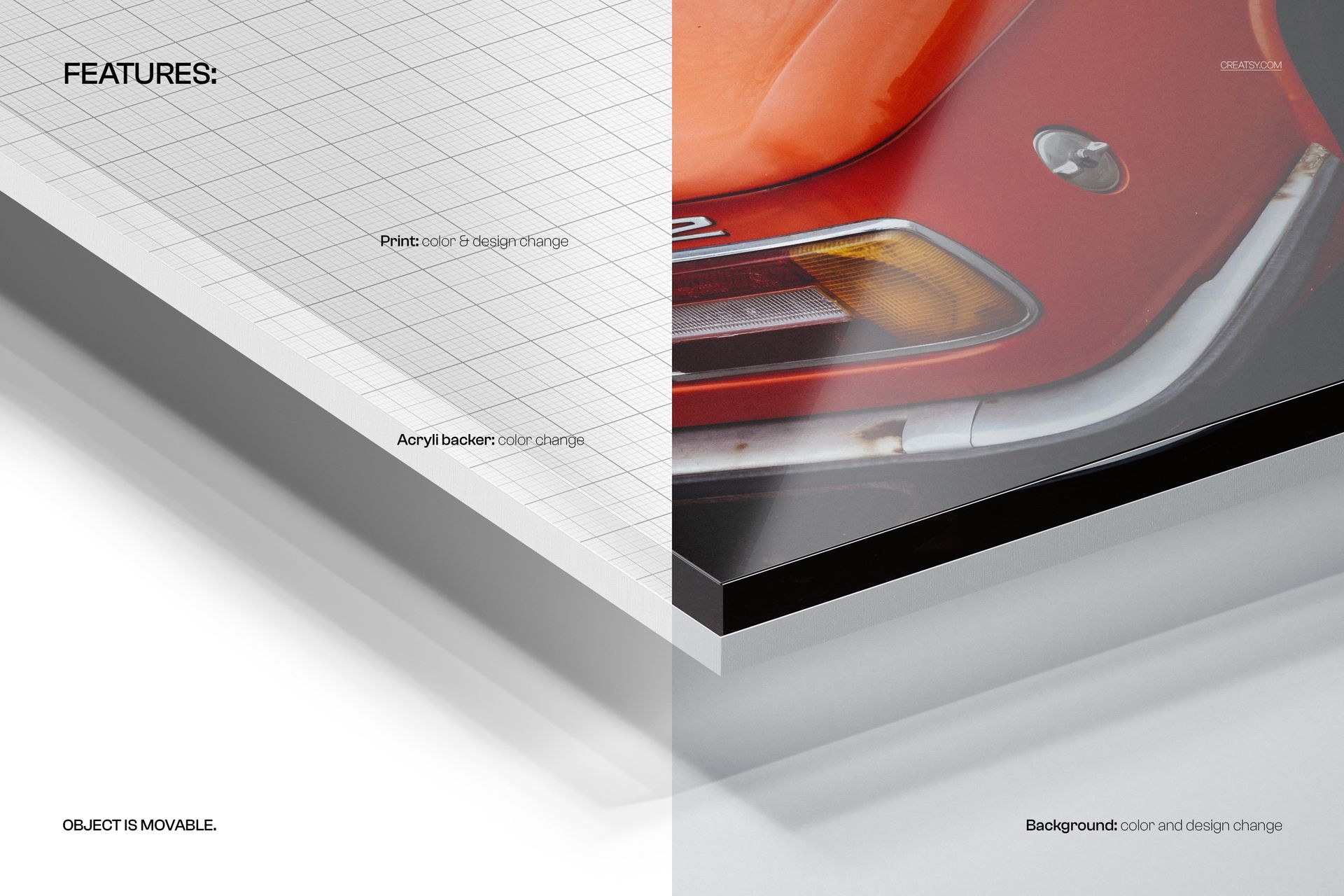 Acrylic photo print mockup showing a split view with grid pattern on the left and a vintage car image on the right.