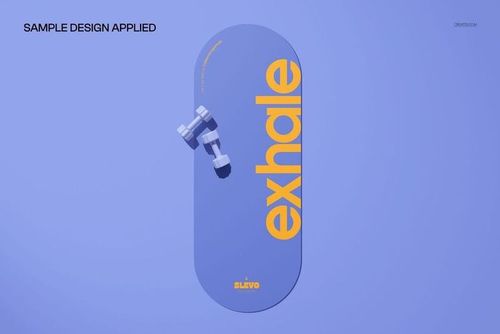 PSD mockup of an oval yoga mat featuring large yellow lettering and purple tones, displayed with dumbbells from above.