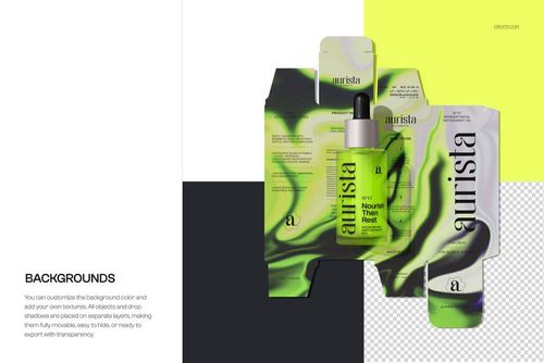 Flat lay of serum dropper bottle and packaging with green and black marble pattern on a cosmetics mockup scene.