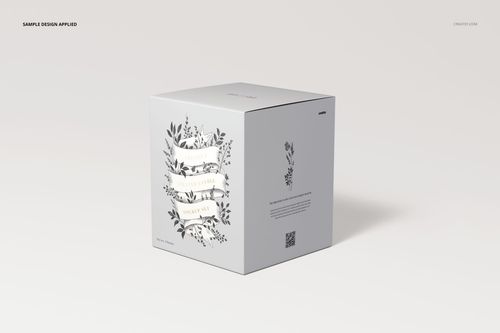 Square candle packaging mockup with floral graphics and decorative text, displayed on a light neutral background.