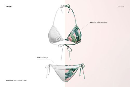 Front view of a triangle bikini mockup set split into two halves, showing a plain grid pattern on the left and a tropical leaf design on the right.