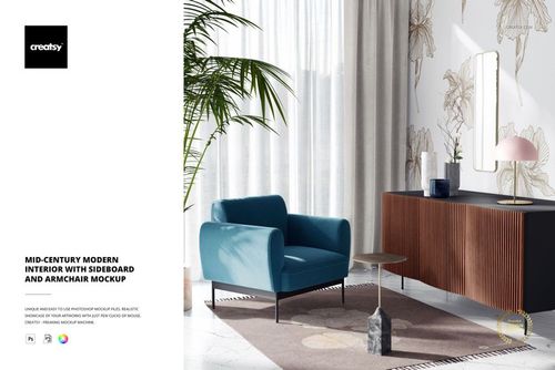 Mid-century modern interior mockup featuring a blue armchair, wooden sideboard, and botanical wallpaper in a sunlit room.