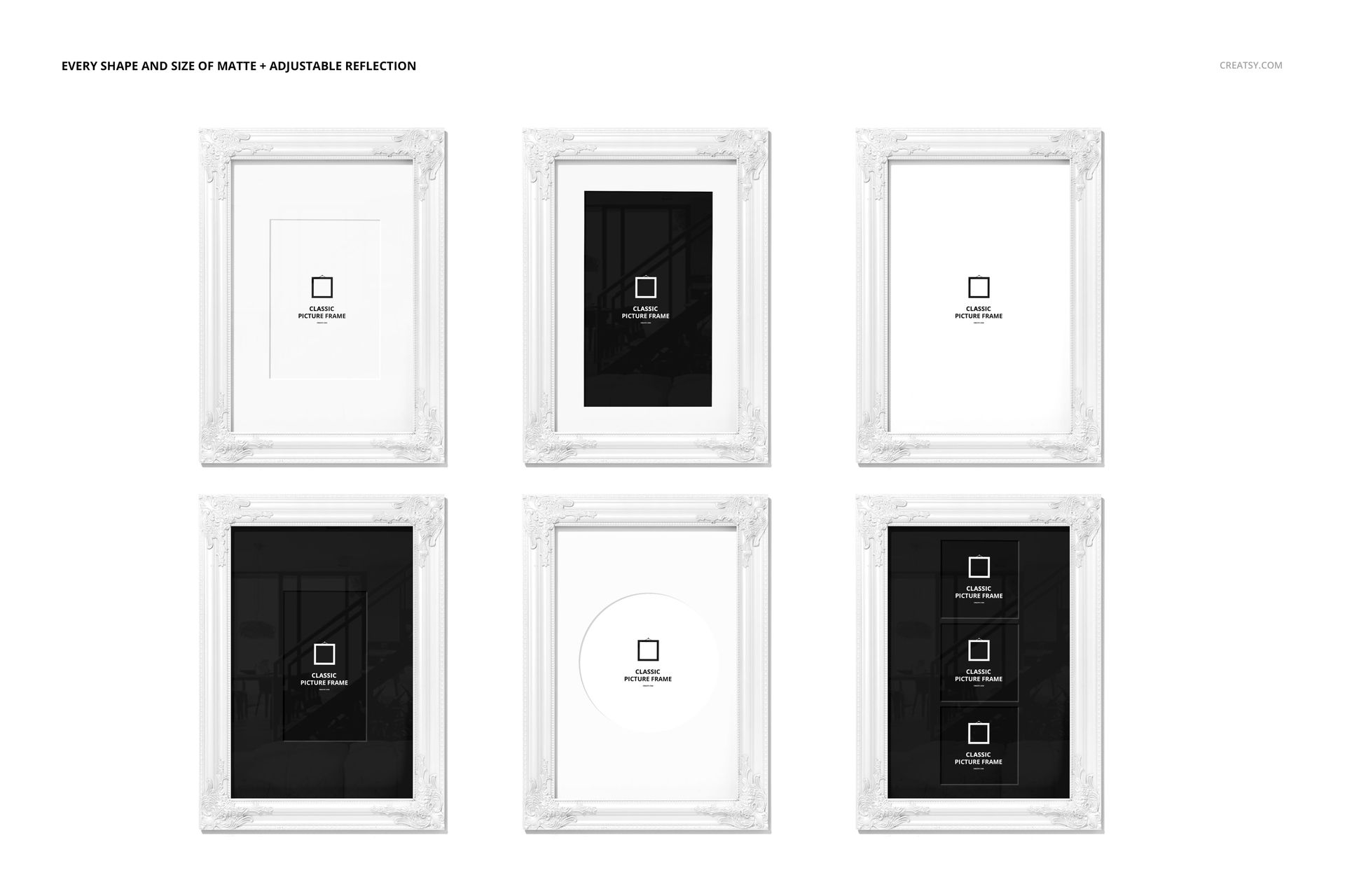 Front view of six classic painted picture frames mockup with white ornate borders, each displaying different mat shapes.
