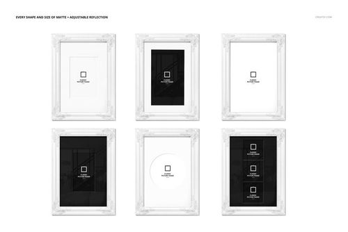 Front view of six classic painted picture frames mockup with white ornate borders, each displaying different mat shapes.