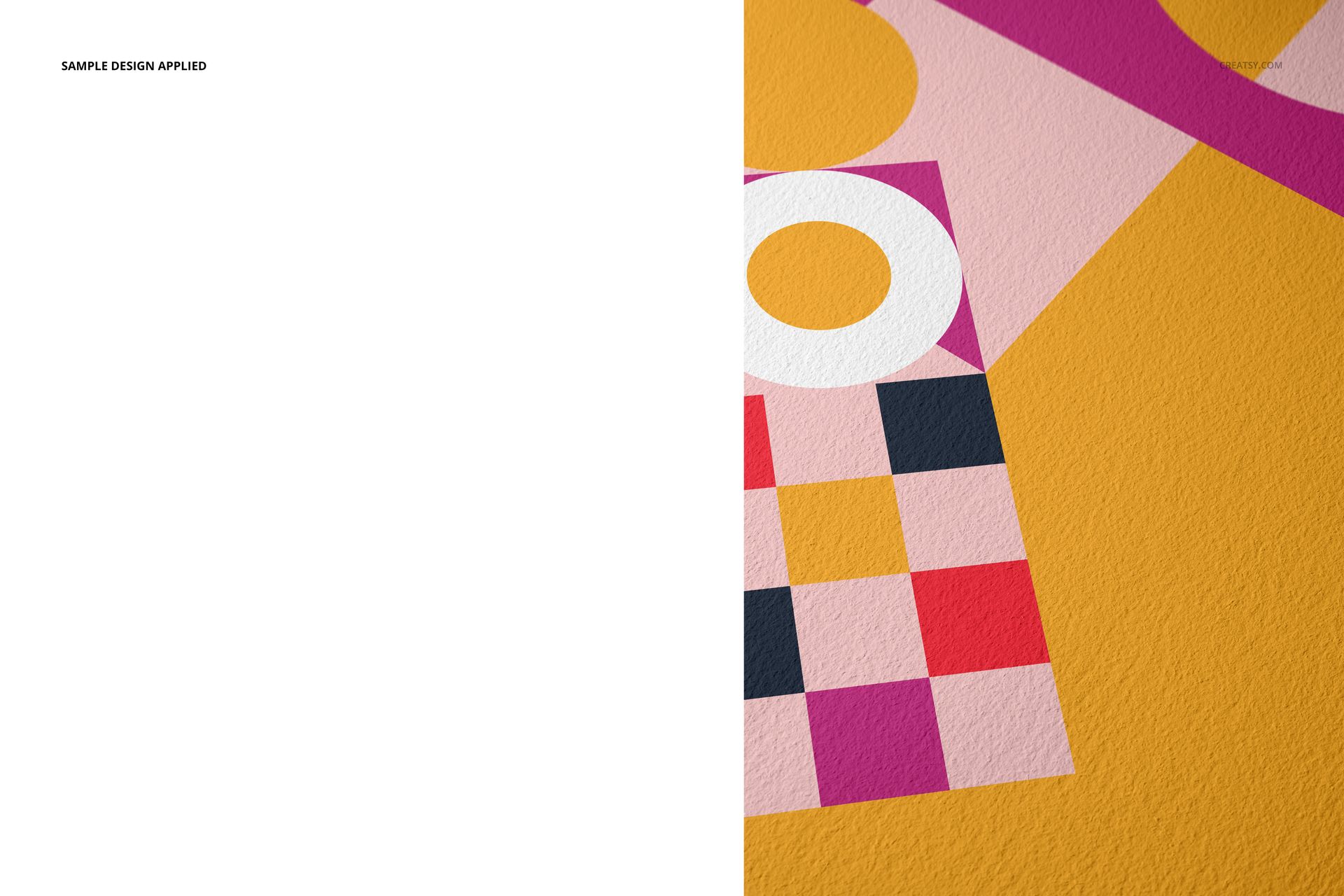 Close-up front view of a fine art print mockup with textured paper, featuring bold geometric shapes in yellow, pink, and white.