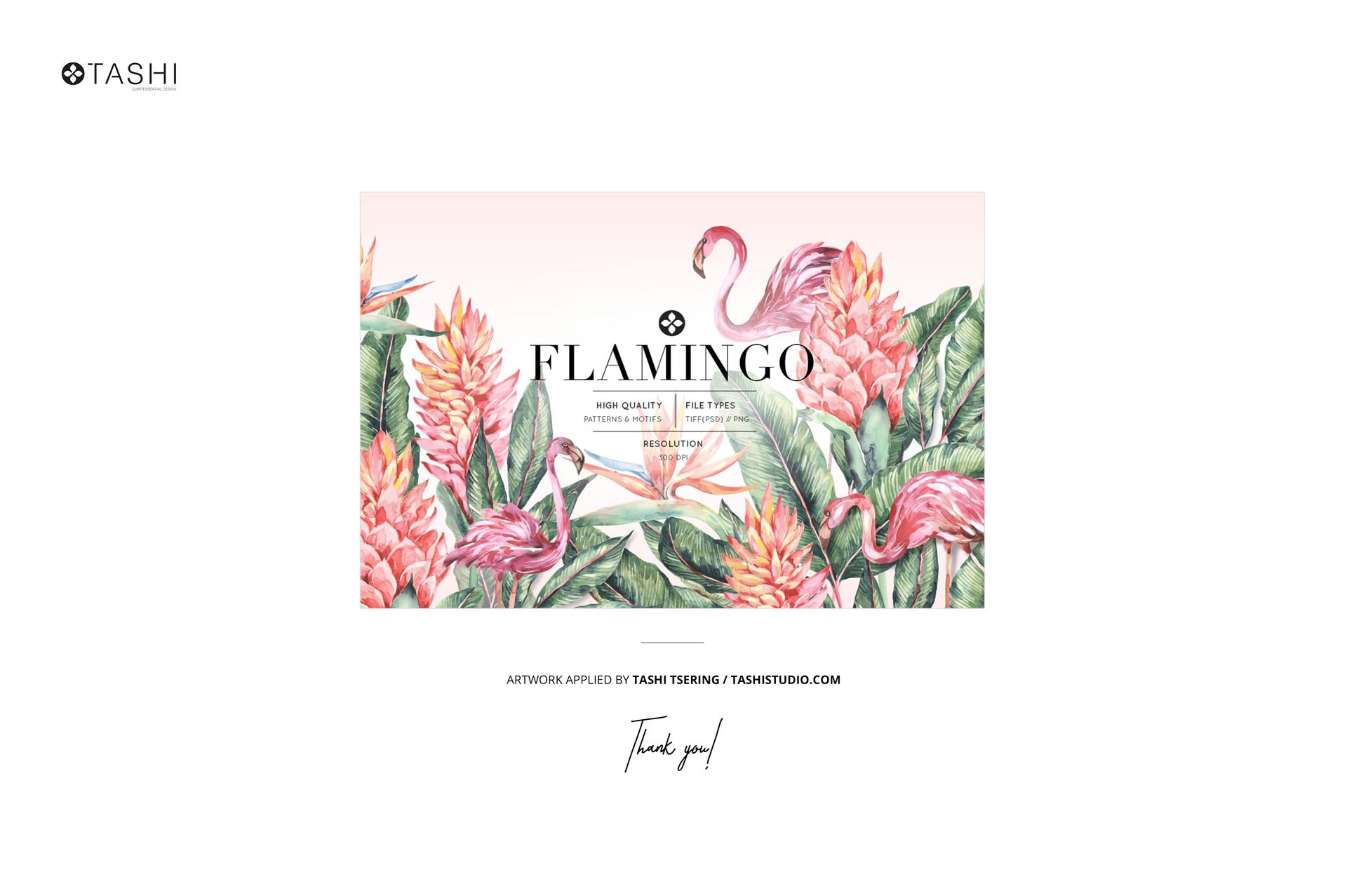 Front view of a pop art bathroom PSD mockup featuring a bath curtain with pink flamingo and tropical leaf pattern.