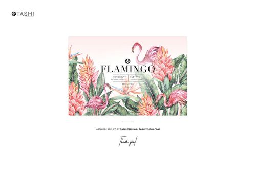 Front view of a pop art bathroom PSD mockup featuring a bath curtain with pink flamingo and tropical leaf pattern.