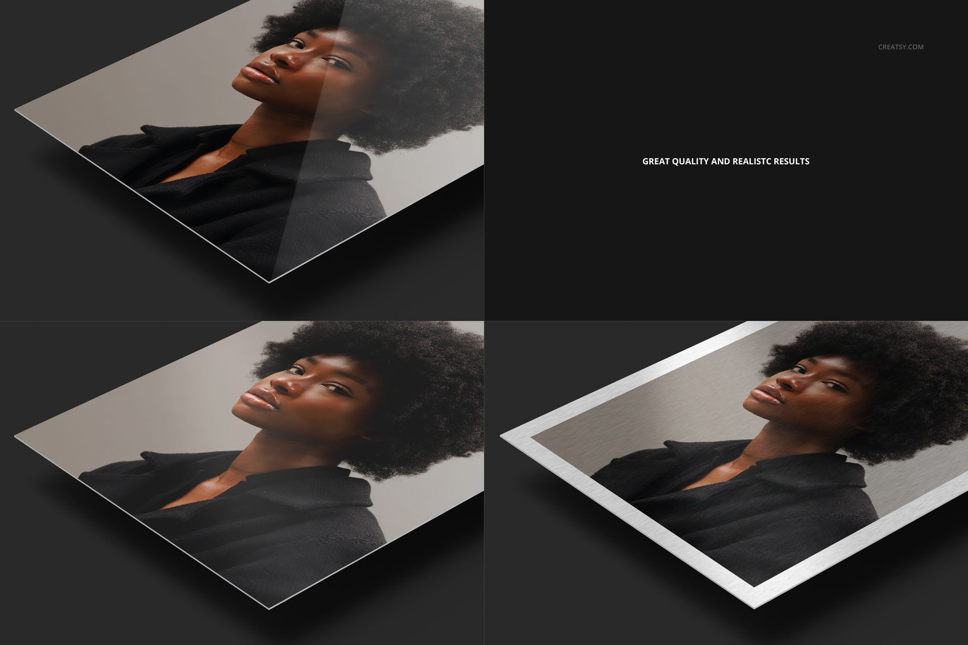 Close-up view of aluminum print mockup set with sharp corners, showing four finishes and sleek metallic edges.