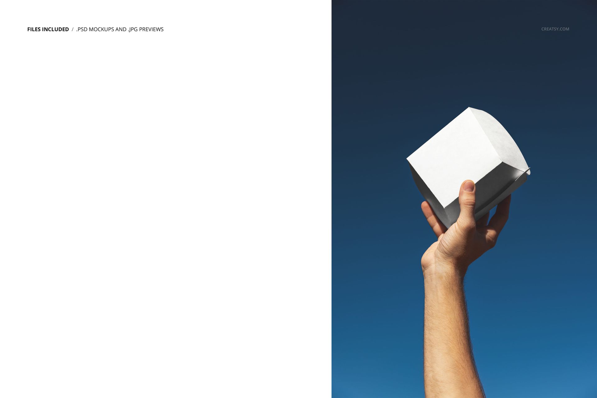 Hand holding a plain white burger box raised against a clear blue sky, packaging mockup with minimal background.