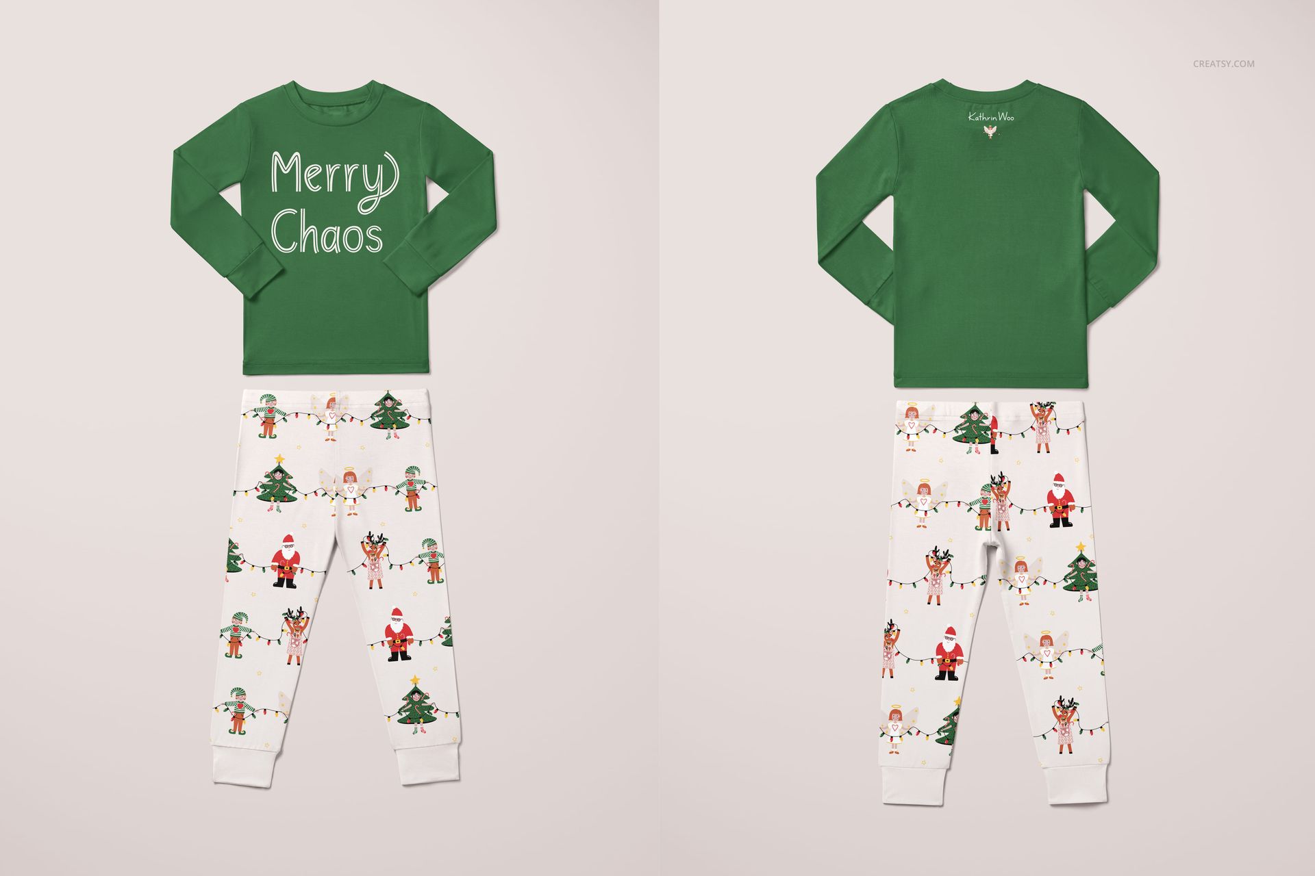 Toddler pajama mockup set with green long-sleeve top and white pants featuring Christmas character pattern, front and back view.