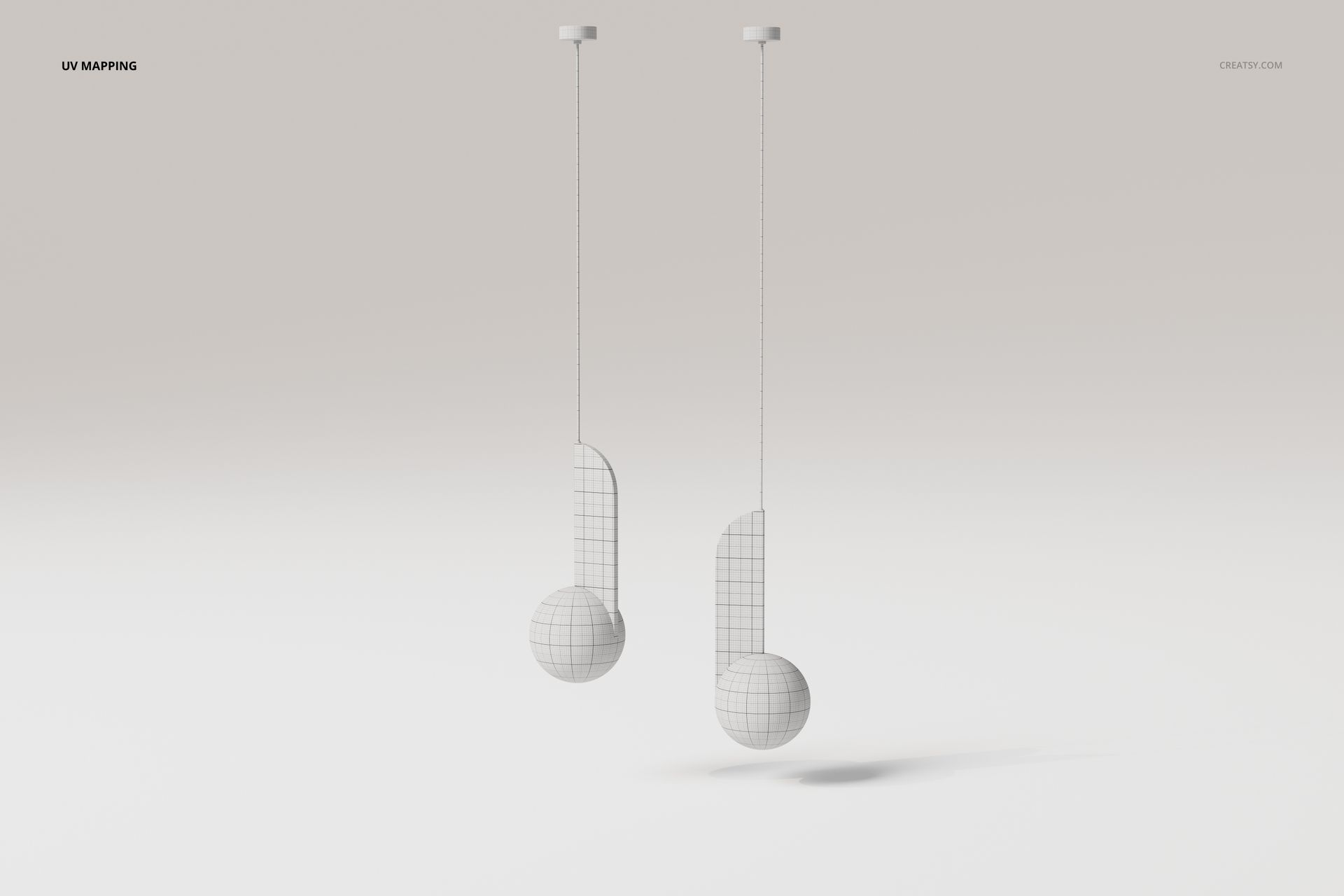 Front view of two globe pendant lights with white spherical shades and vertical rods, suspended against a light background.