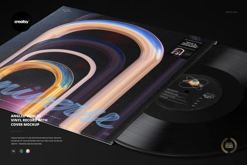 Vinyl record and cover mockup shown from a diagonal perspective, with vibrant curved patterns and black surface.