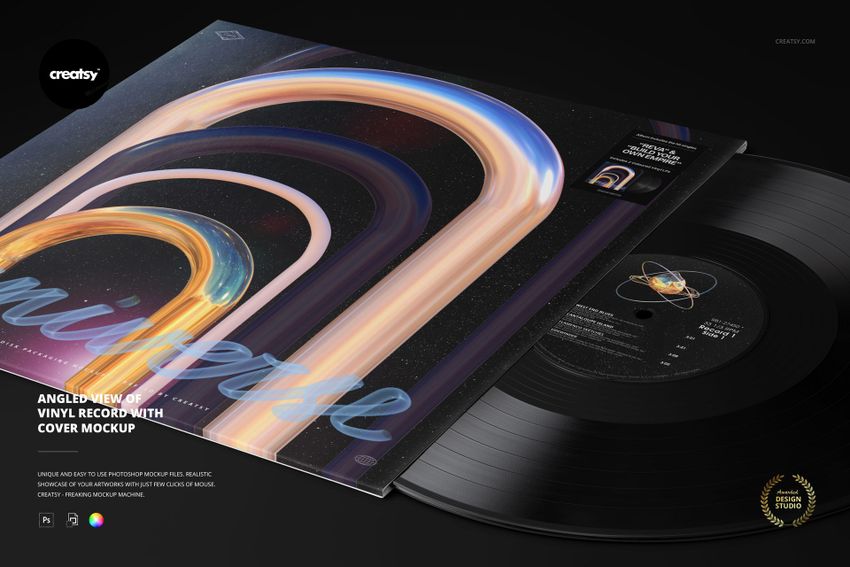 Vinyl record and cover mockup shown from a diagonal perspective, with vibrant curved patterns and black surface.