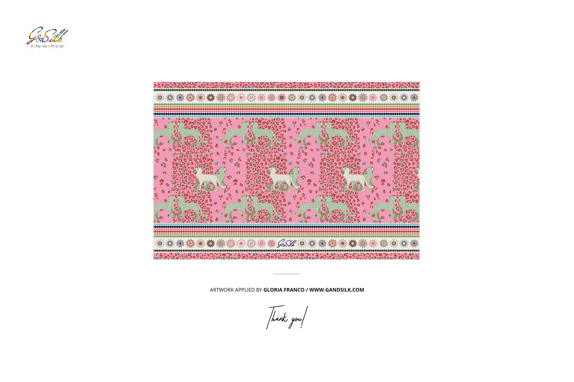 Flat lay of a habotai silk scarf mockup featuring a pink base, leopards, and floral motifs with decorative borders.