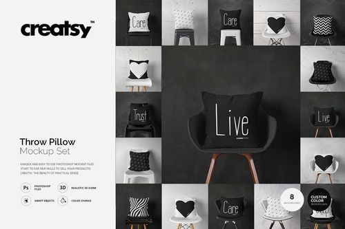 Front view of a throw pillow set mockup featuring various black and white pillows with different patterns and text designs on chairs.