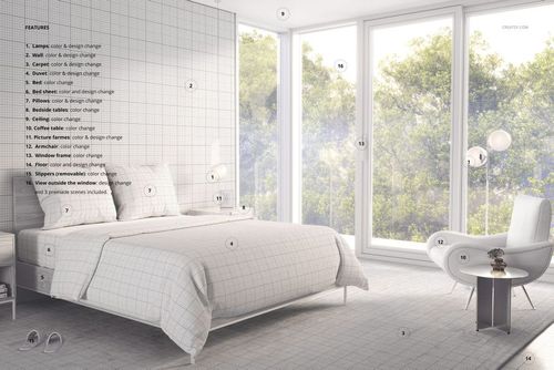 Modern bedroom with large windows, white bedding and pillows featuring a subtle grid pattern, side view mockup.