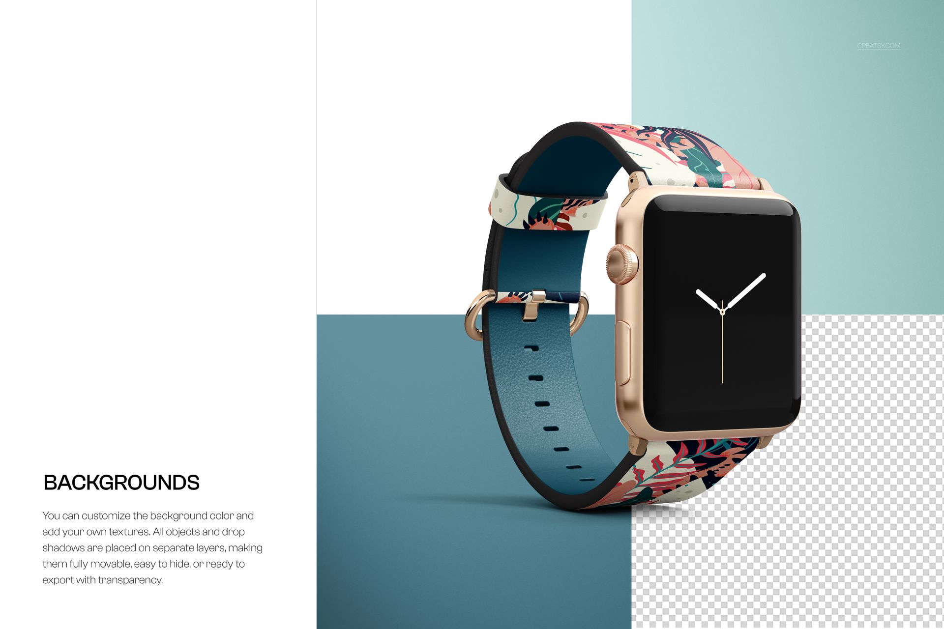 PSD mockup of an Apple Watch with a patterned leather band, displayed on a blue and white geometric background.