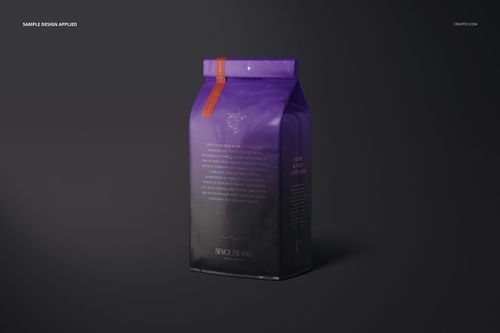Glossy coffee bag mockup with purple and black color gradient, upright on a dark background, front view.