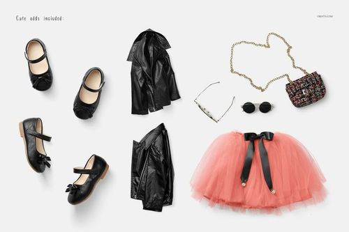 Flat lay of a girls chic set mockup featuring black shoes, a pink tulle skirt, black jacket, sunglasses, and a small purse.