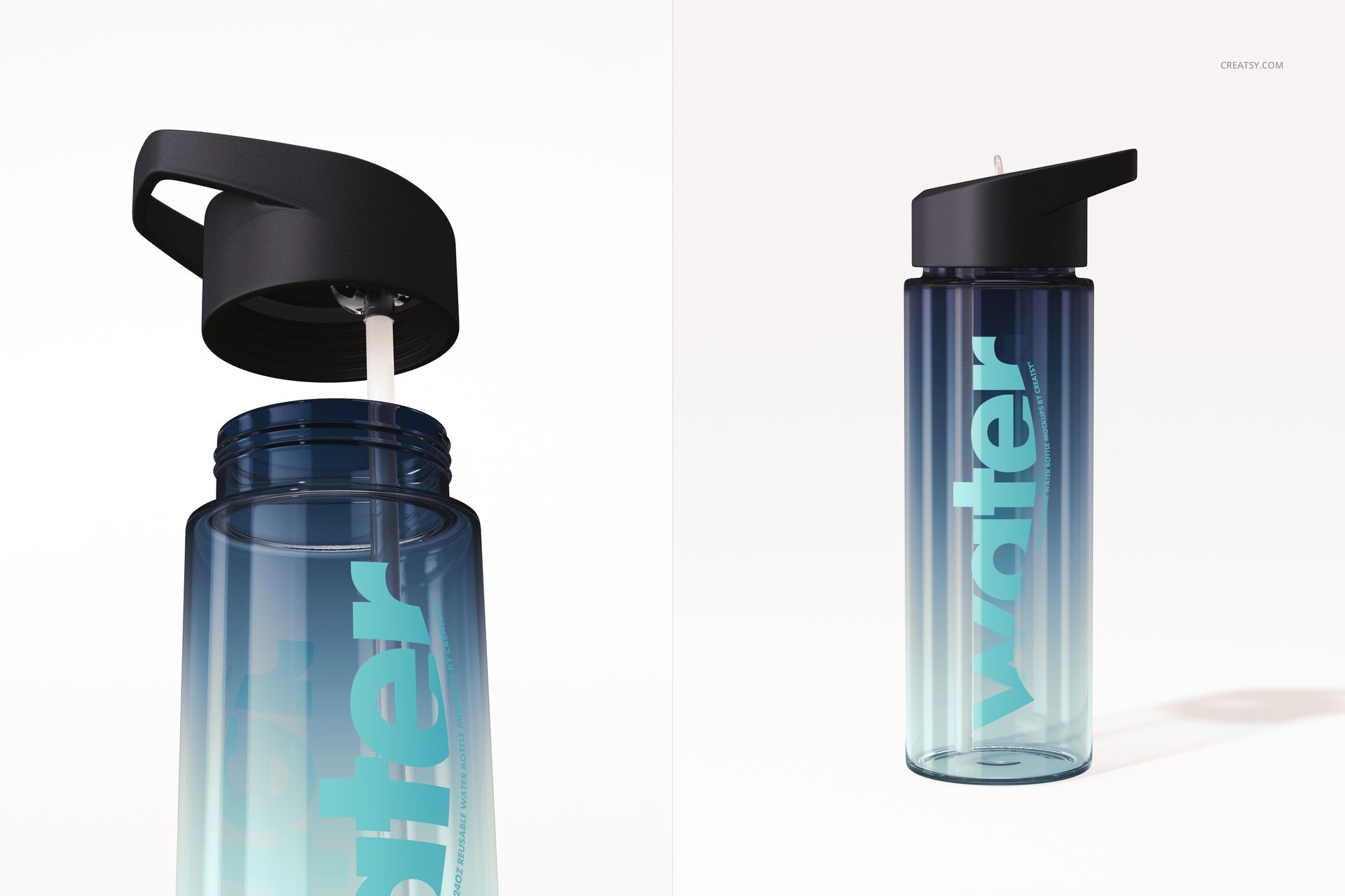 24 oz water bottle PSD mockup featuring a black cap and transparent blue gradient bottle, displayed in two perspectives.